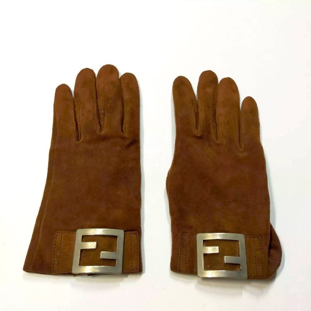 Auth Fendi Whiskey Brown Suede Logo Gloves Lined Women’s US Medium Buttery Soft